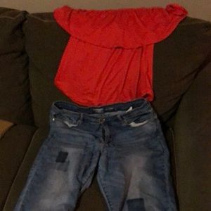 Orange off shoulder blouse with size 16 crop jeans